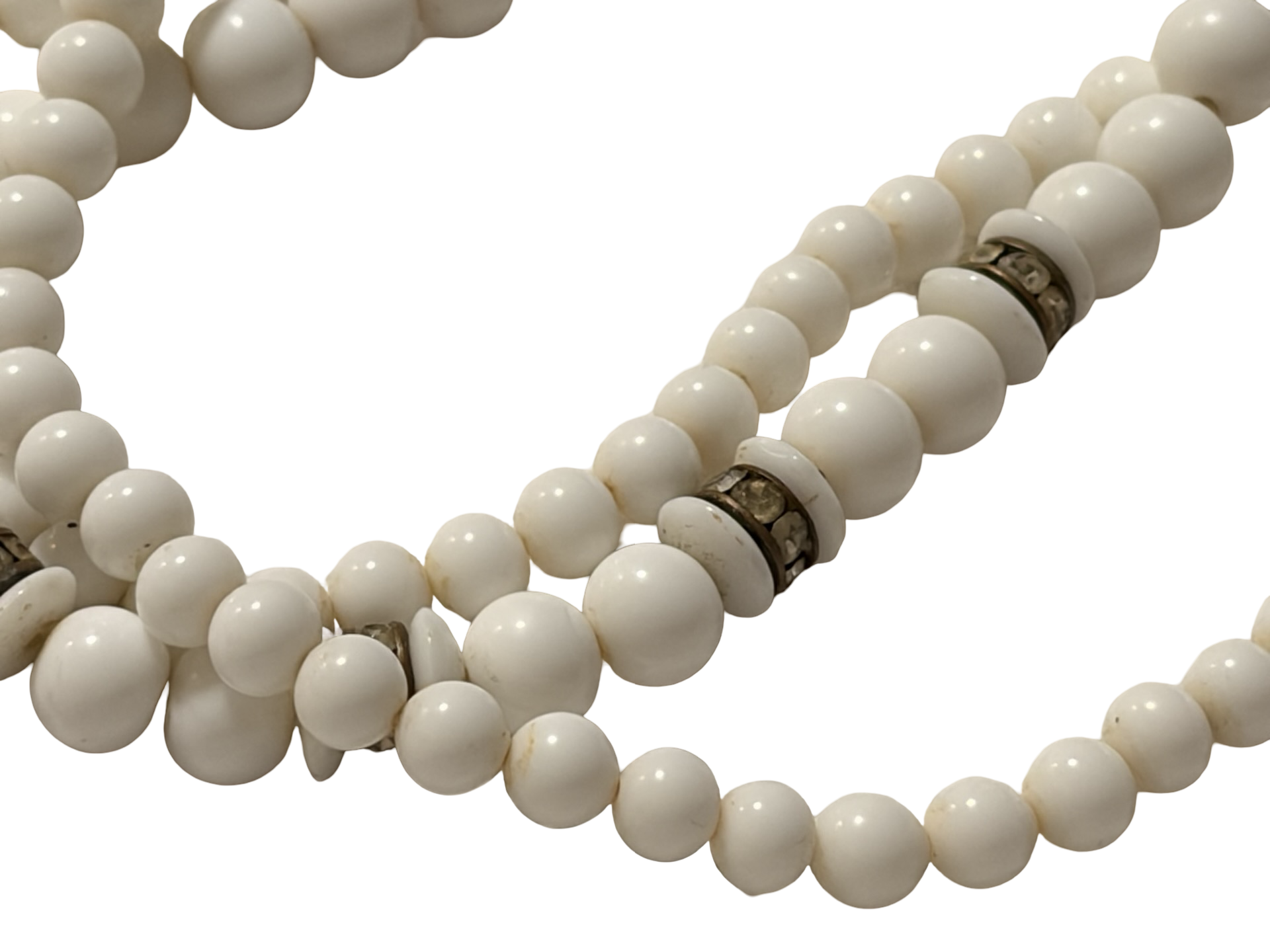 Vintage Japan Multi-Strand White Beaded Necklace with Rhinestone Spacers