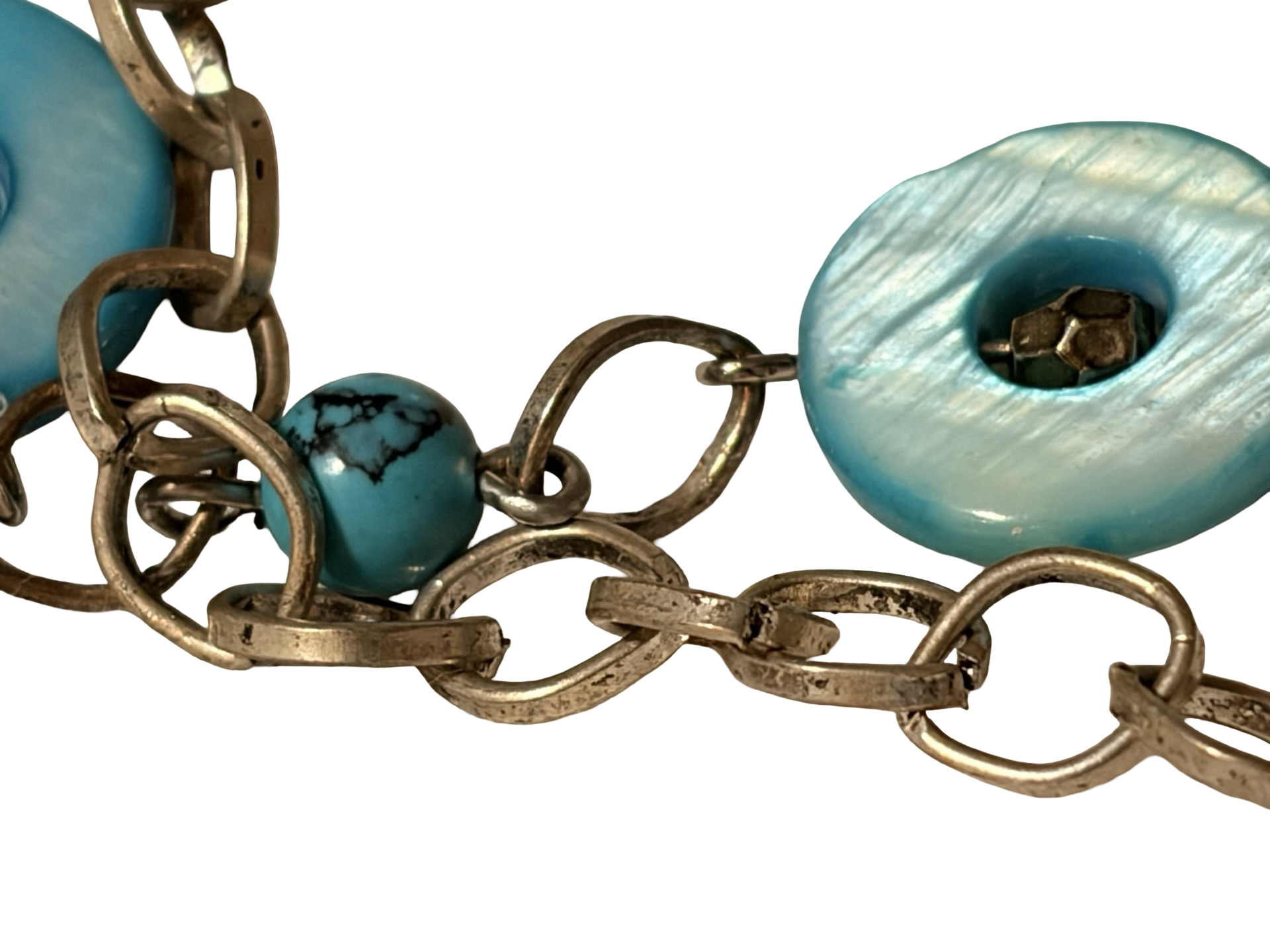 Vintage Turquoise Blue Mother of Pearl &amp; Faux Turquoise Beaded Necklace | Silver Tone Chain | Boho Coastal Statement Jewelry