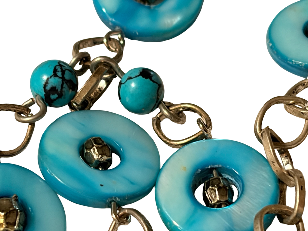 Vintage Turquoise Blue Mother of Pearl &amp; Faux Turquoise Beaded Necklace | Silver Tone Chain | Boho Coastal Statement Jewelry