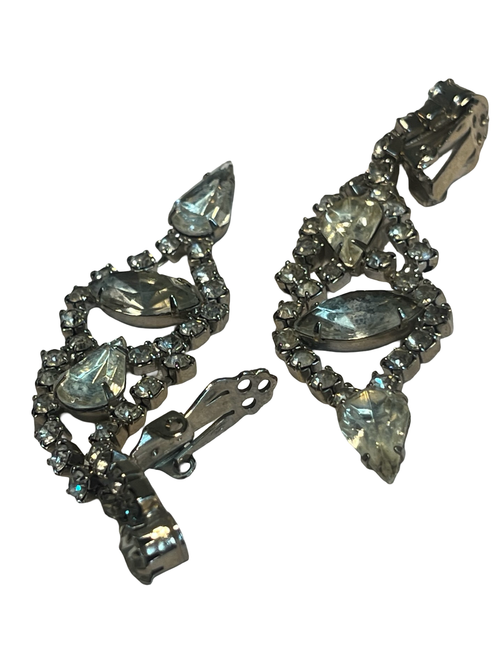 Vintage Rhinestone Dangle Clip-On Earrings Clear Marquise Glass Stones Silver Tone Mid Century