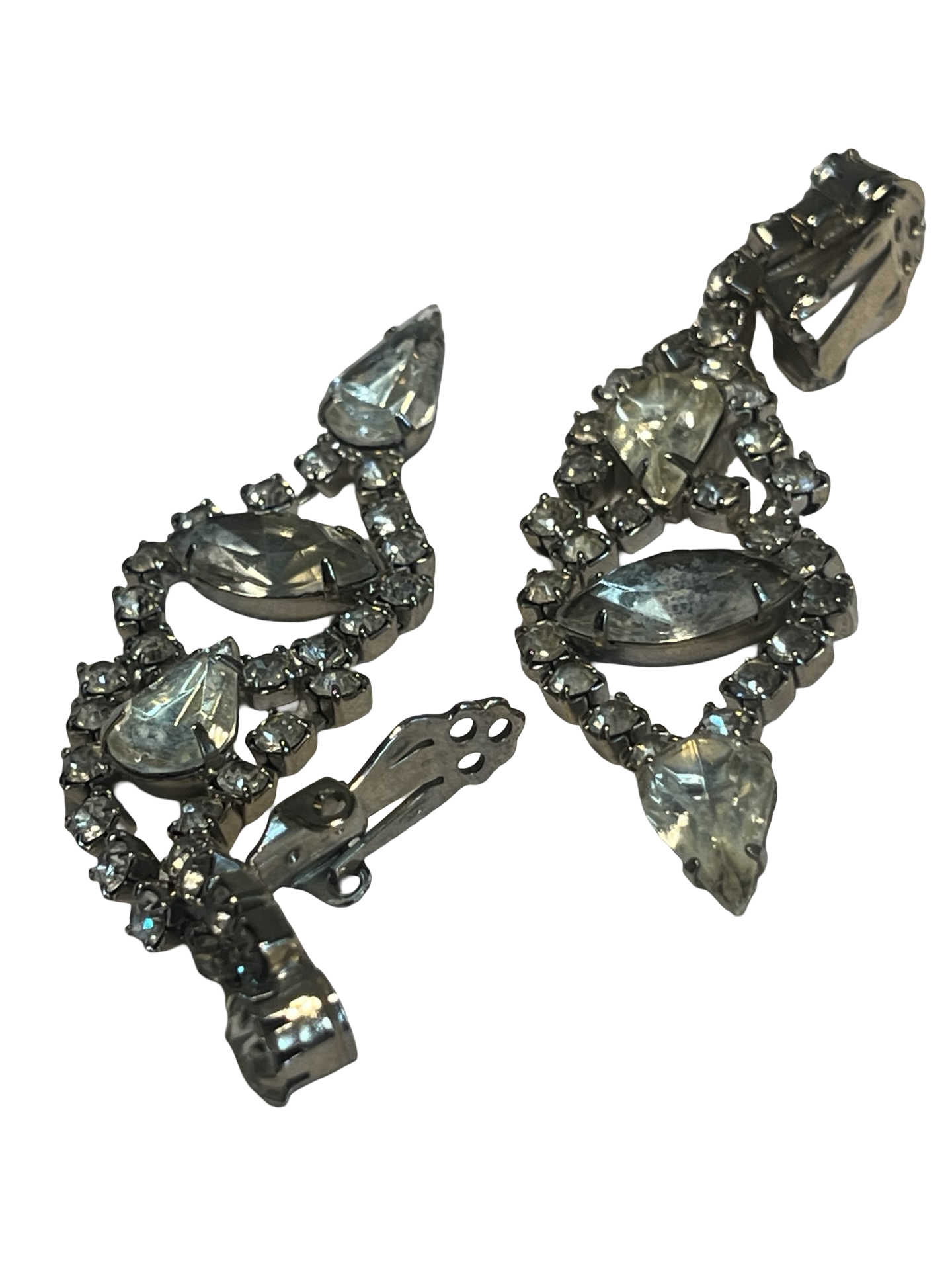 Vintage Rhinestone Dangle Clip-On Earrings Clear Marquise Glass Stones Silver Tone Mid Century