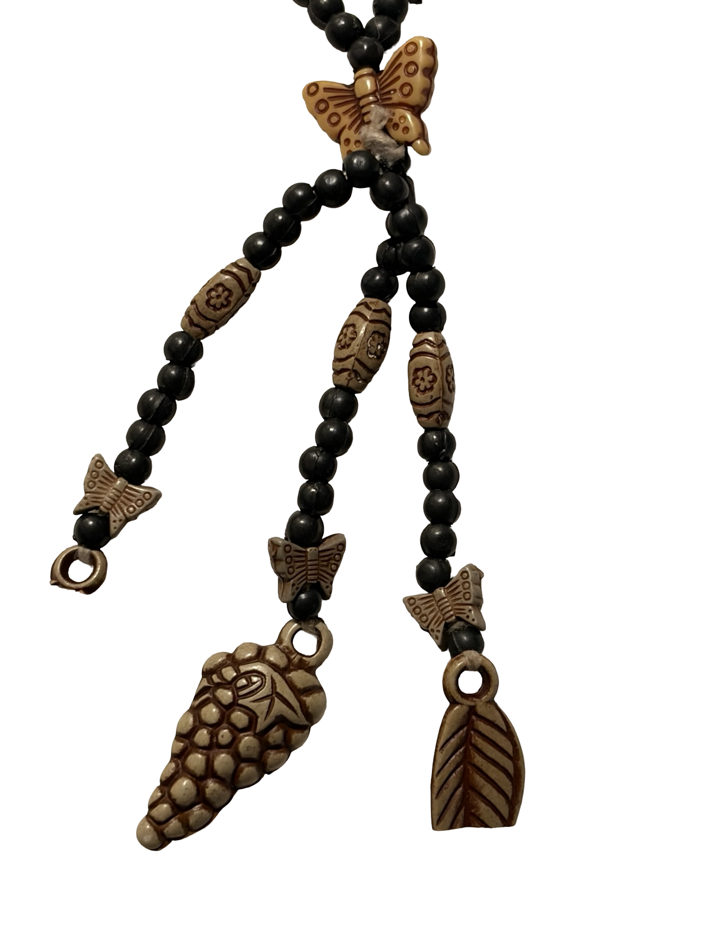 Vintage Style Beaded Lariat Necklace Butterfly Leaf Pinecone Charms Boho Woodland